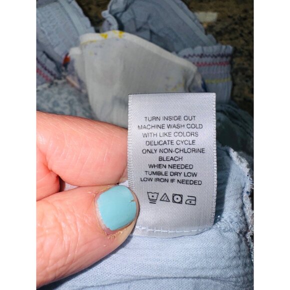 John Mark Boho Embroidered Peasant Top S Blue Off Shoulder Patchwork Ruffle Hem - Picture 8 of 8